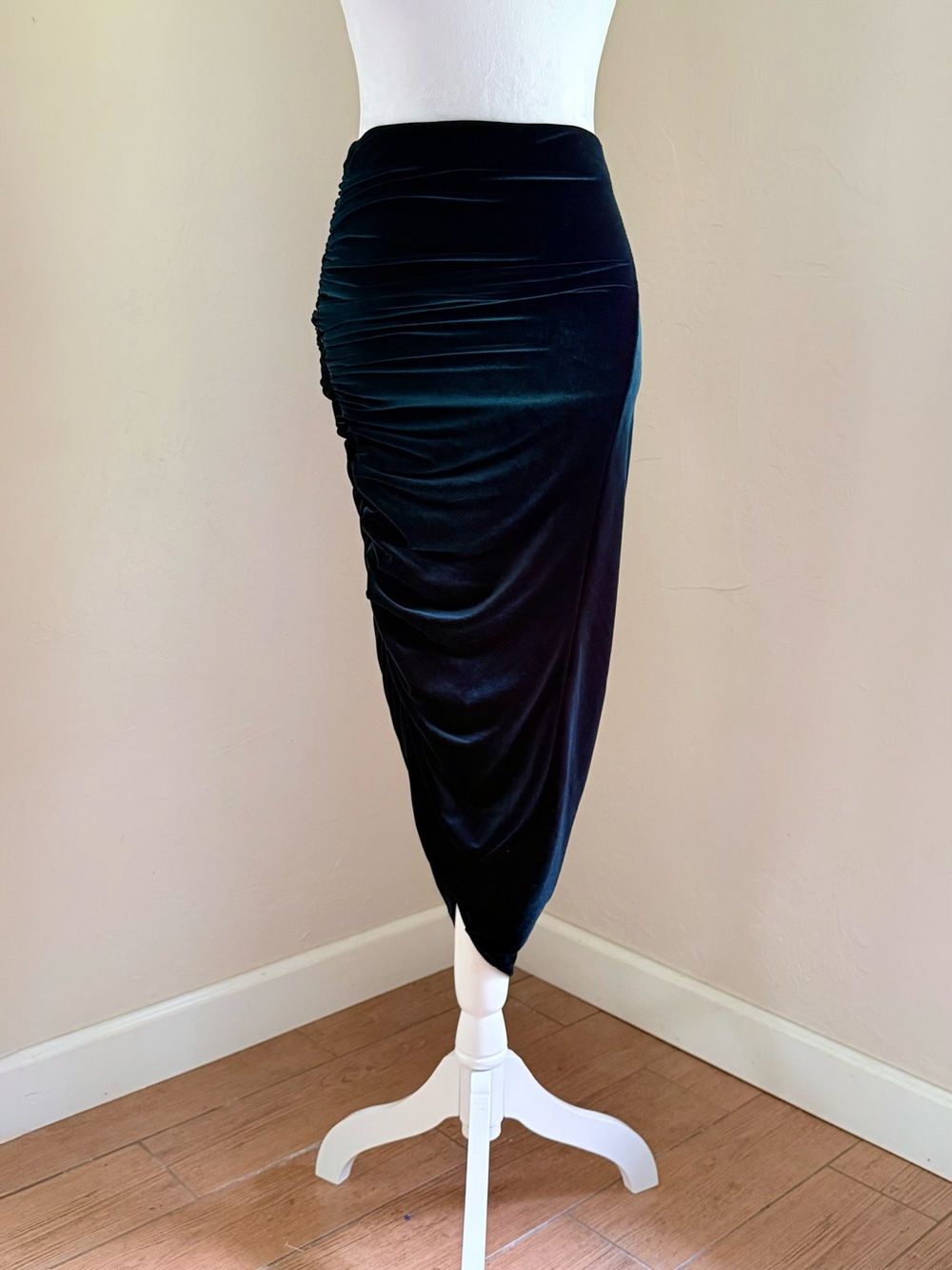 NWT ALIX NYC Langston Asymmetrical Ruched Velvet Midi Skirt Jasper Teal Green XS